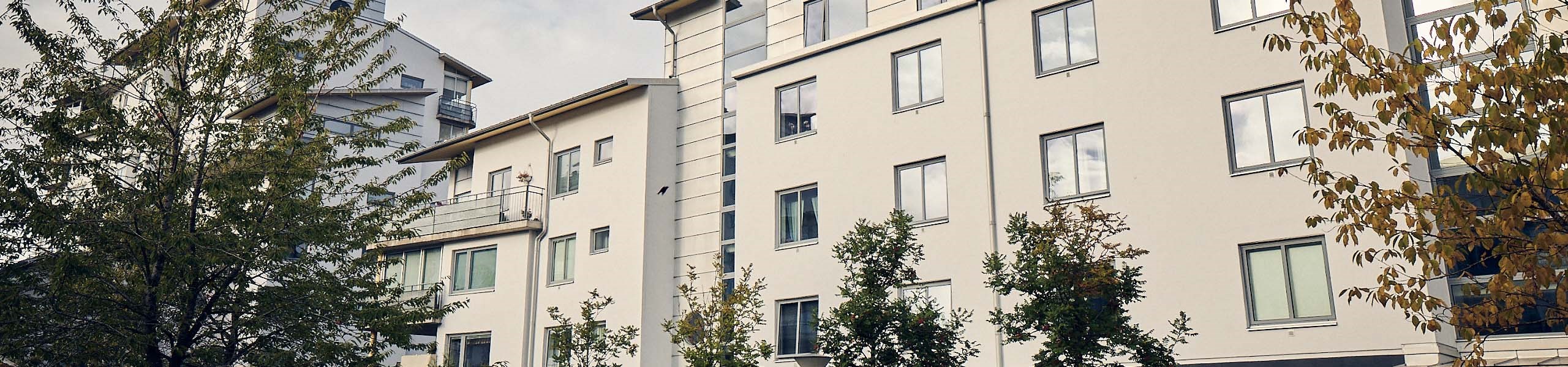 Ett flerfamiljshus med vit putsad fasad och träd i förgrunden