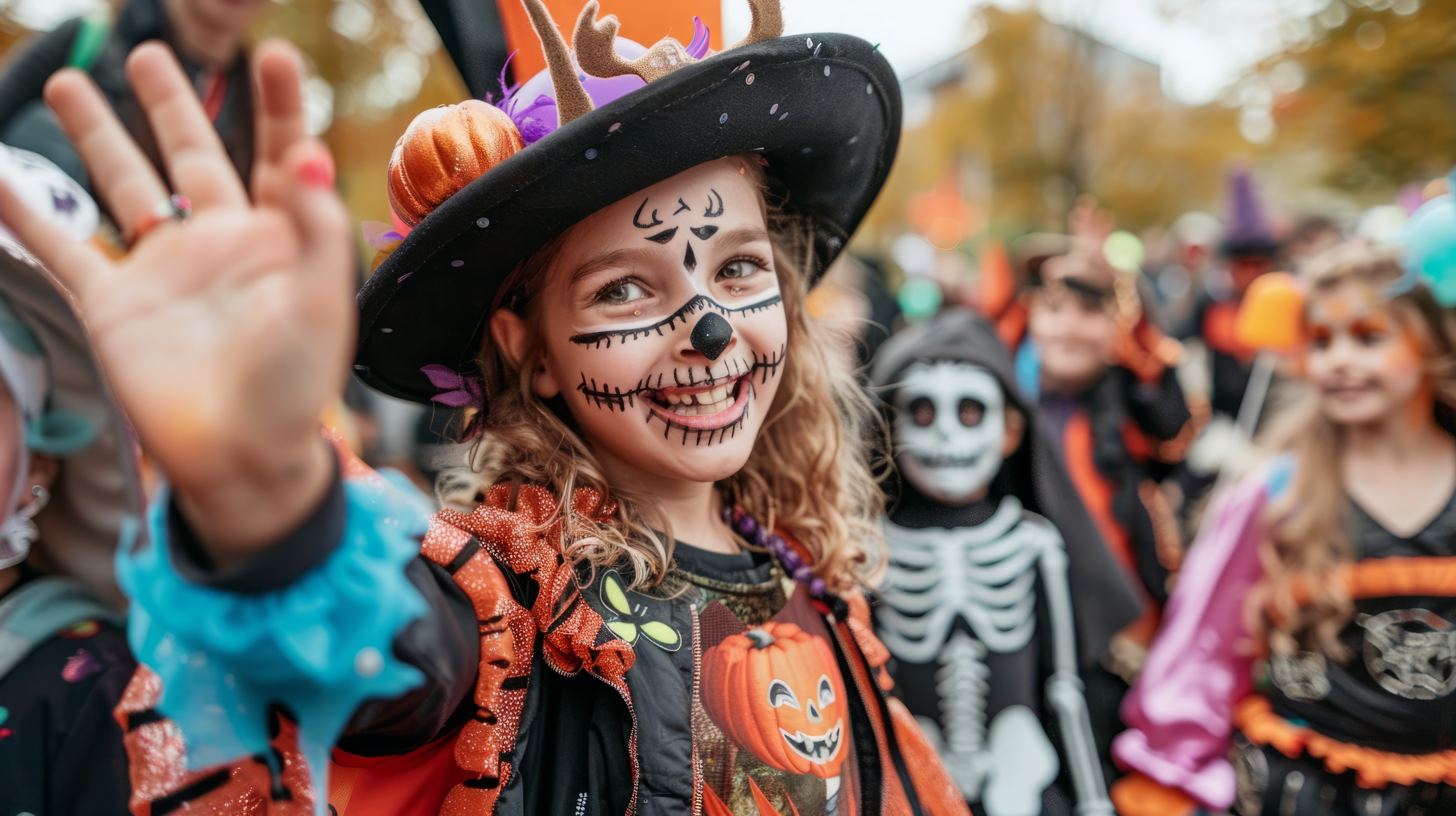 Ai-bild. En halloween-utklädd flicka vinkar mot kameran. Hon har ansiktsmålning och hatt.