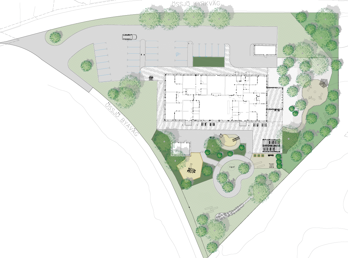 Situationskarta Össjö förskola, ett hus sett uppifrån med en lekmiljö runt omkring huset