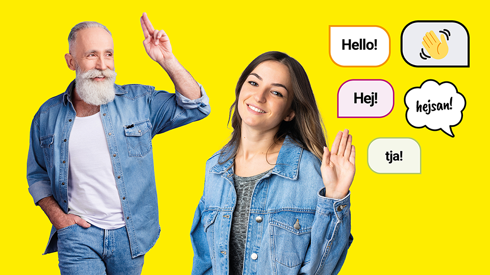 En man och en kvinna står och vinkar mot kameran