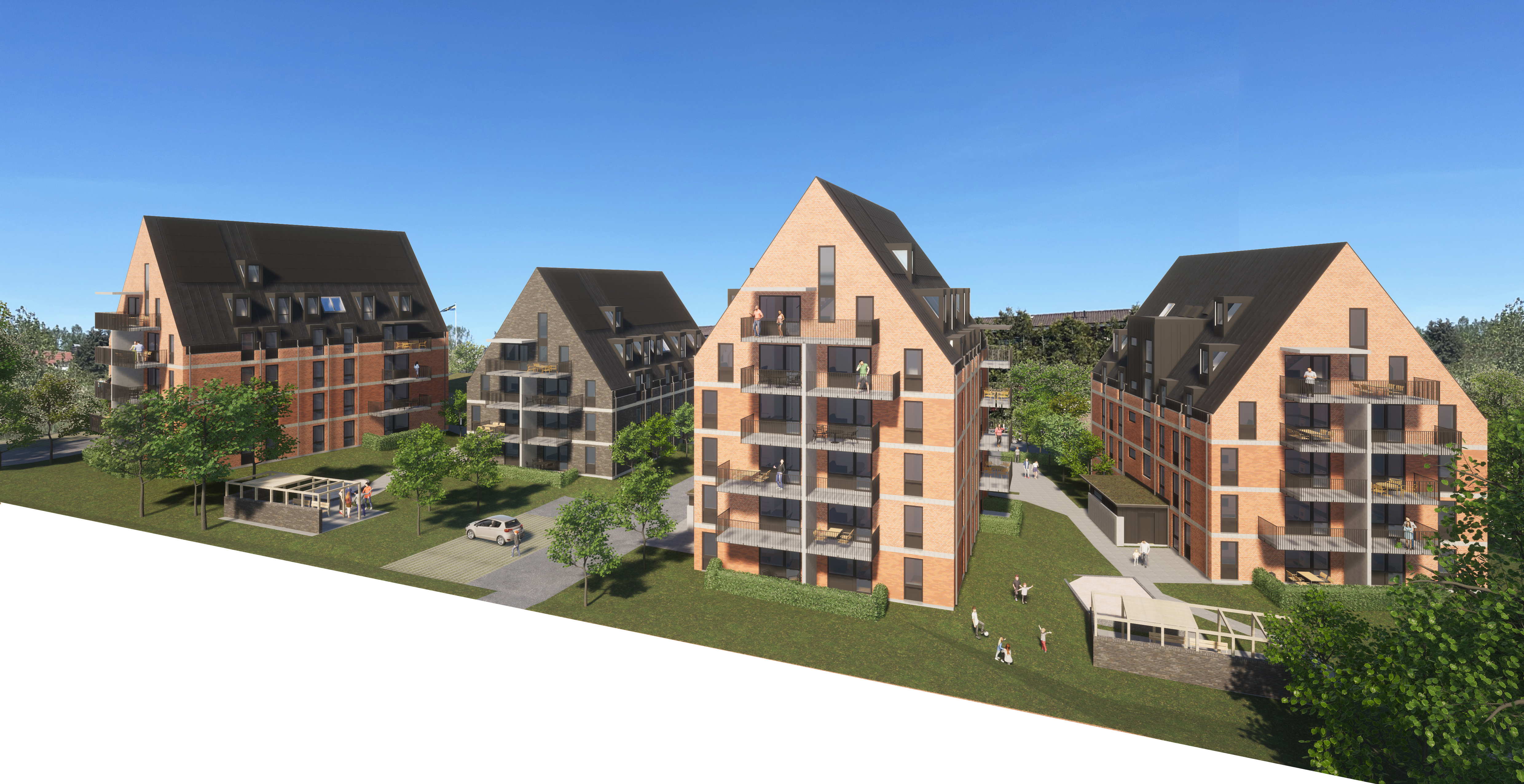 Arkitektbild över fyra punkthus i rött tegel 