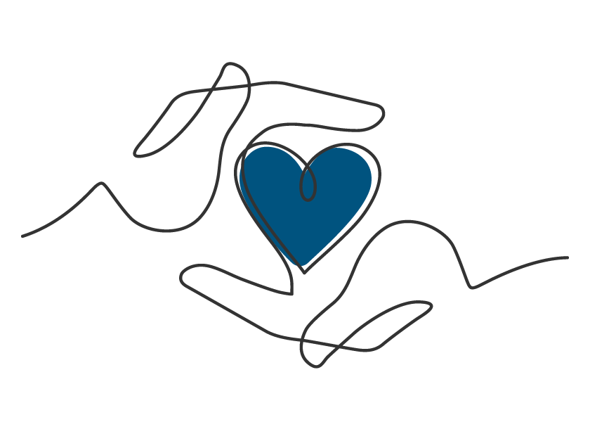 Två tecknade händer som håller om ett blått hjärta