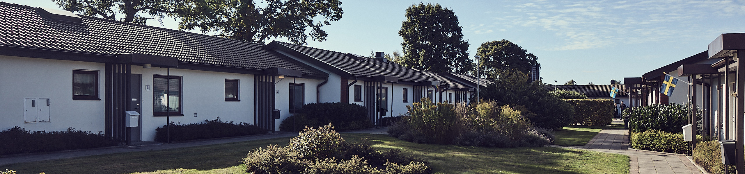 Kedjehus med vit fasad och stor innergård