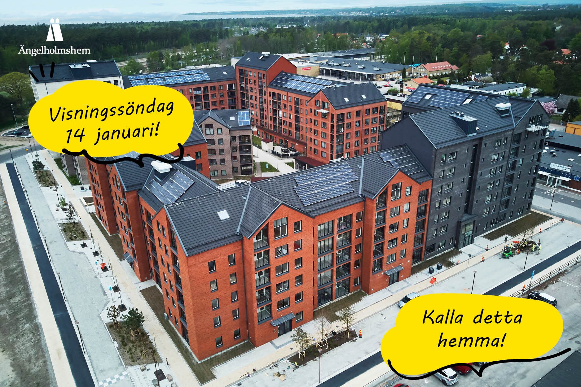 Översiktbild över ett bostadsområde från ovan. På bilden står visningssöndag 14 januari.