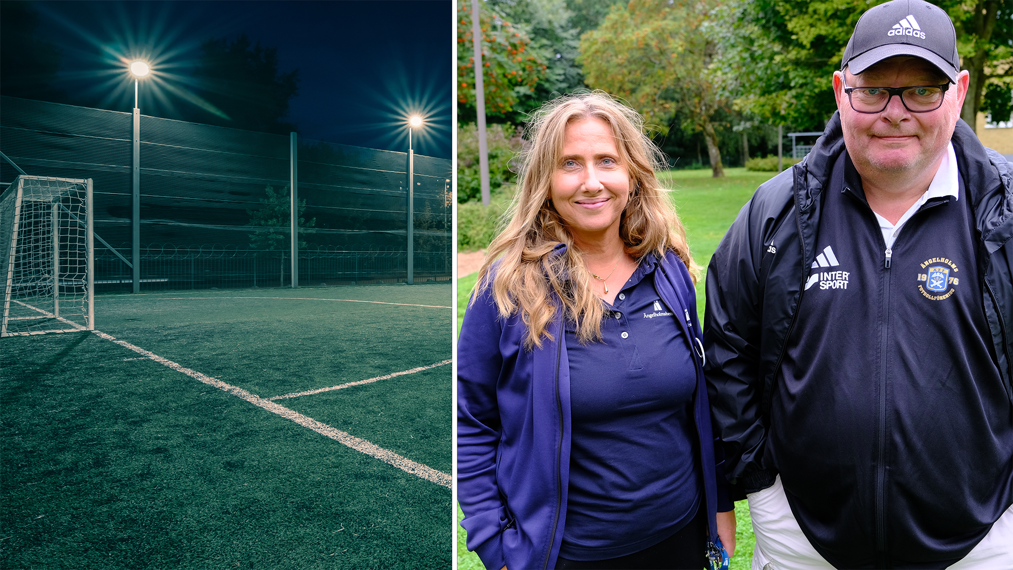 Fotbollsplan på natten, kvinna och man står axel mot axel