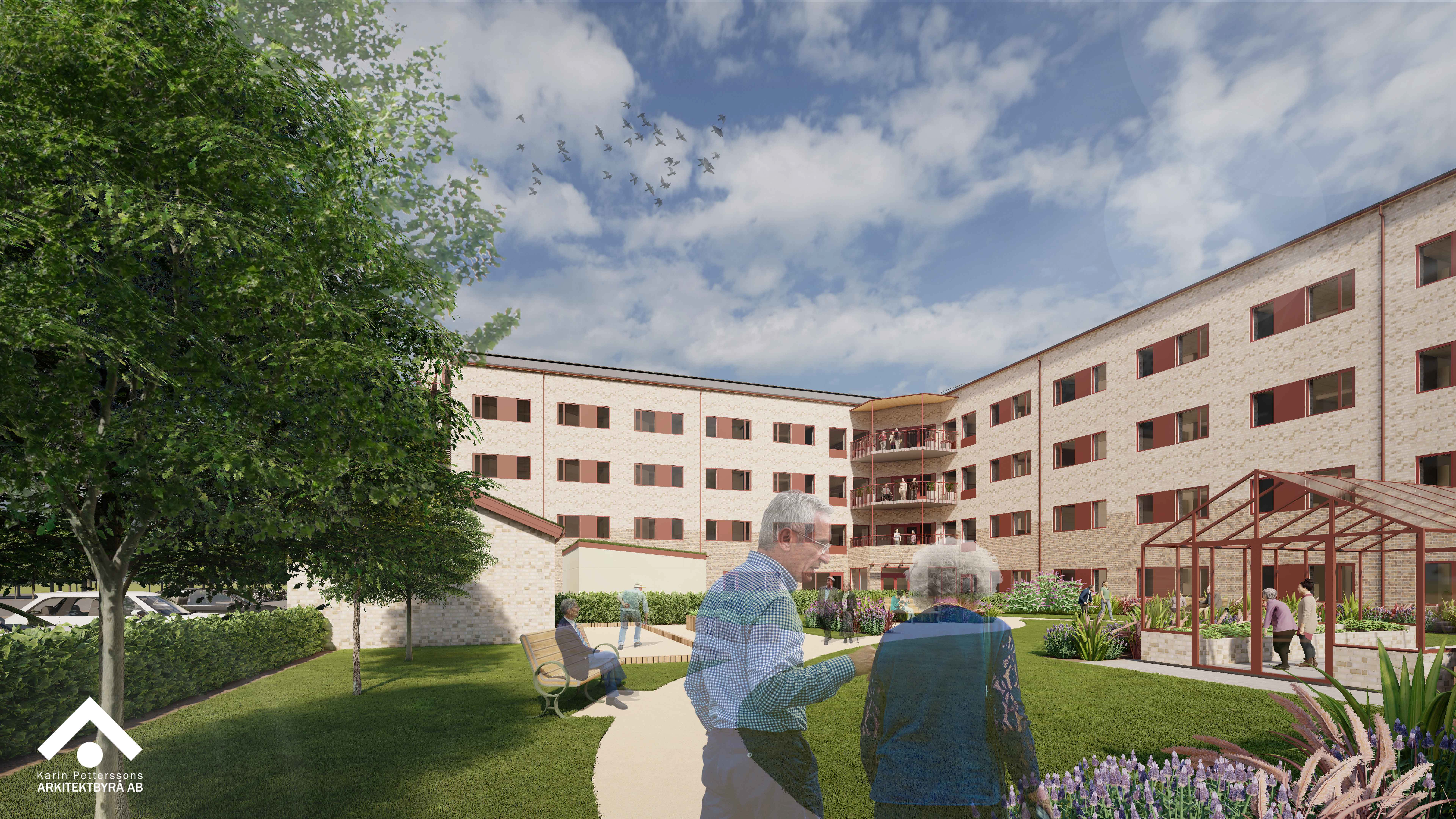 Fasadilllustration ljud tegelbyggnad i vinkel