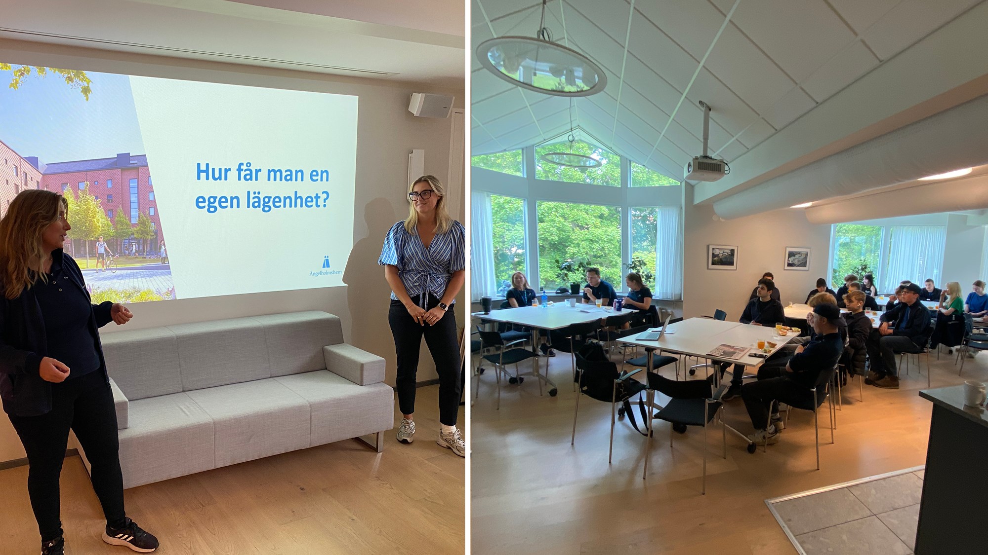 Två personer står framför en presentationsskärm och talar inför ett tjugotal ungdomar