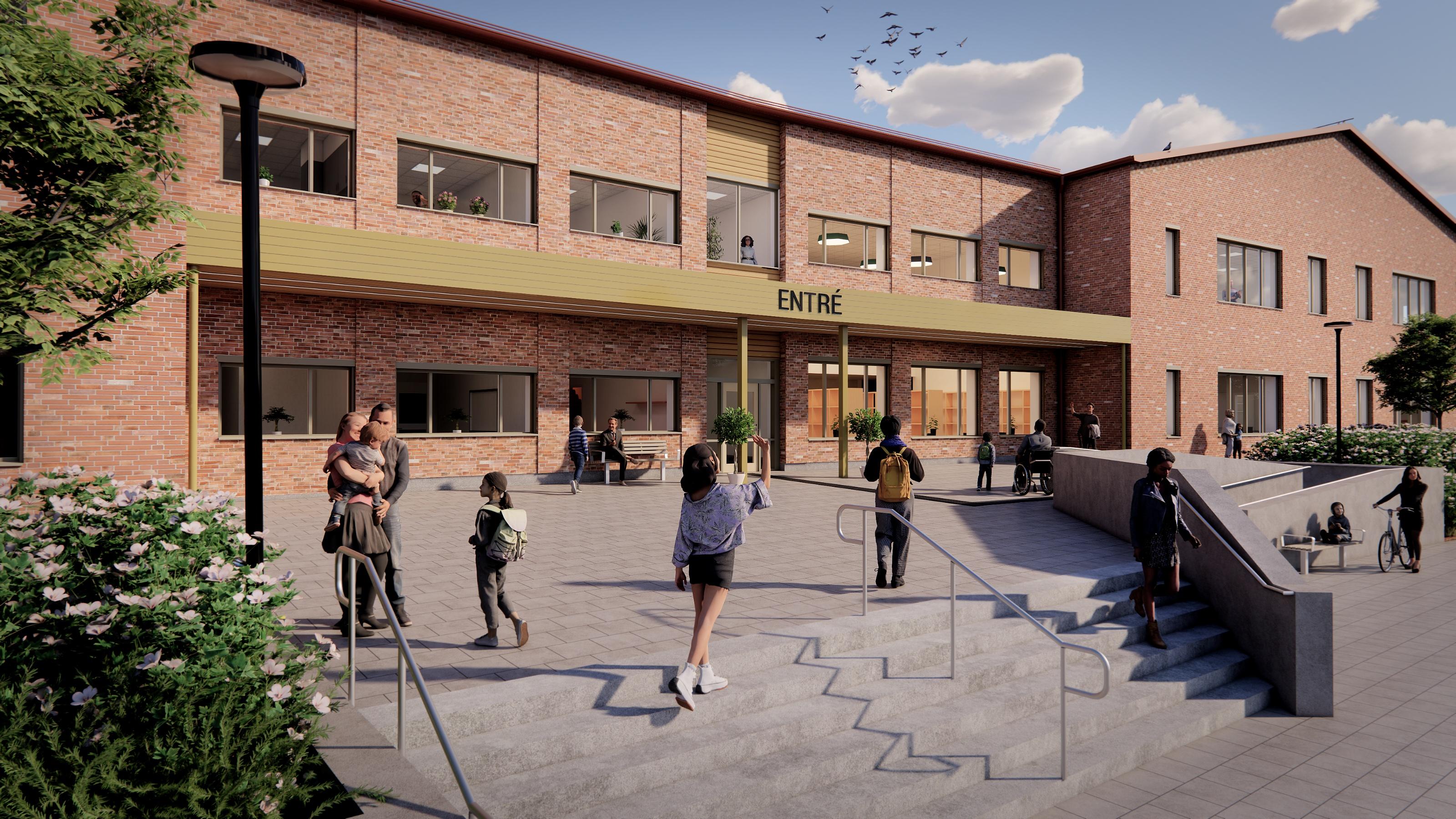 Rött tegelhus i två våningar