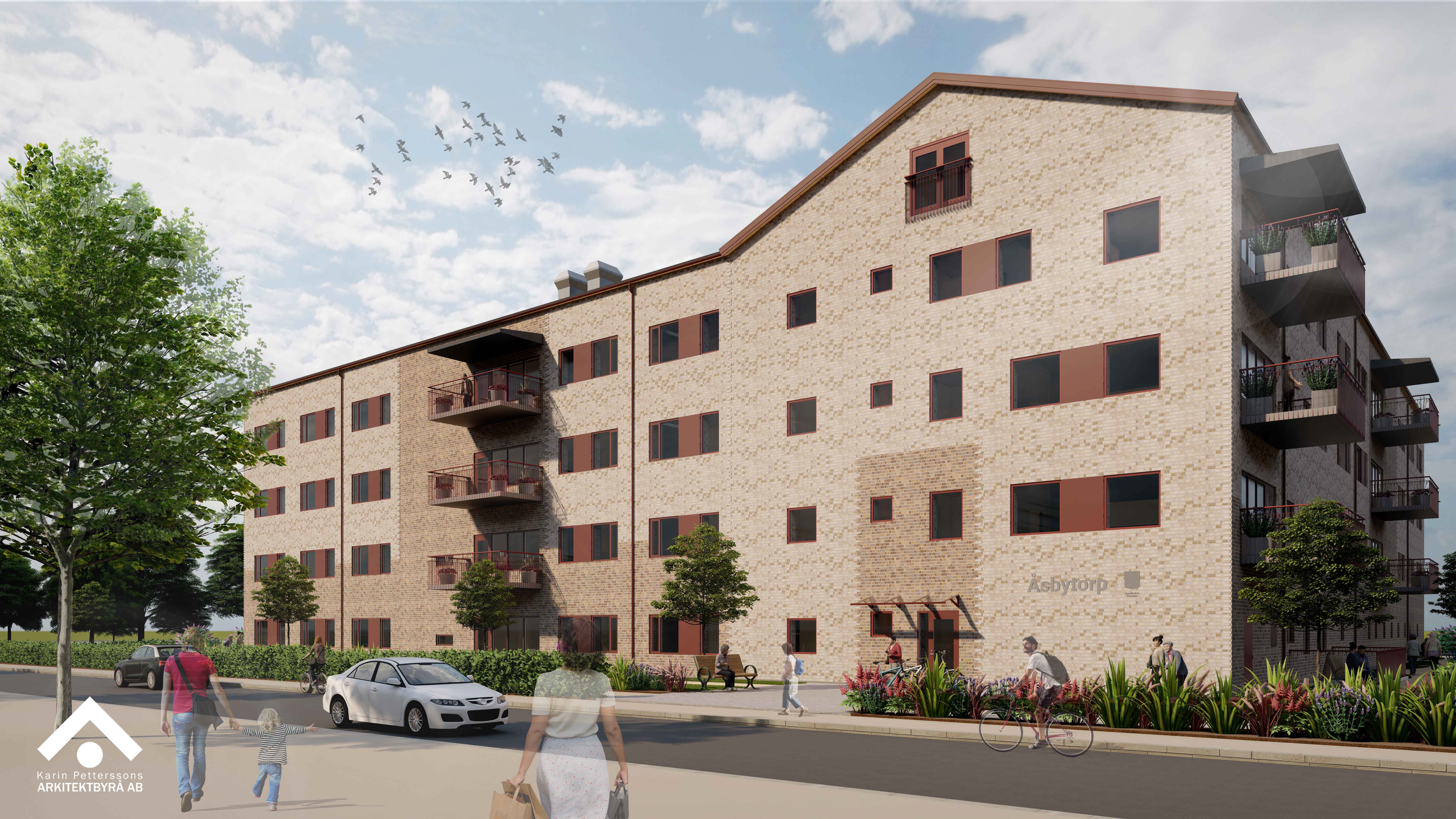 Fasadilllustration ljus tegelbyggnad i vinkel